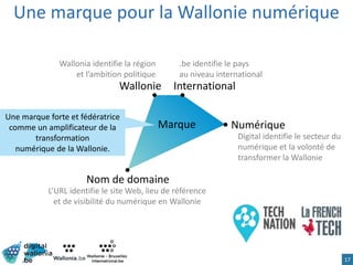 17
Wallonie
Une marque pour la Wallonie numérique
International
Nom de domaine
Wallonia identifie la région
et l’ambition politique
.be identifie le pays
au niveau international
L’URL identifie le site Web, lieu de référence
et de visibilité du numérique en Wallonie
Digital identifie le secteur du
numérique et la volonté de
transformer la Wallonie
NumériqueMarque
Une marque forte et fédératrice
comme un amplificateur de la
transformation
numérique de la Wallonie.
 