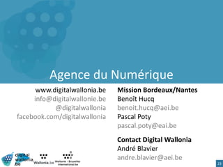 www.digitalwallonia.be
info@digitalwallonie.be
@digitalwallonia
facebook.com/digitalwallonia
Agence du Numérique
Mission Bordeaux/Nantes
Benoît Hucq
benoit.hucq@aei.be
Pascal Poty
pascal.poty@eai.be
Contact Digital Wallonia
André Blavier
andre.blavier@aei.be
23
 