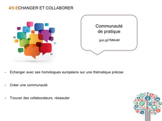 4/5 ECHANGER ET COLLABORER
goo.gl/7Ml4xM
Communauté
de pratique
- Echanger avec ses homologues européens sur une thématique précise
- Créer une communauté
- Trouver des collaborateurs, réseauter
 