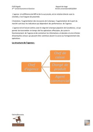 FSJESAgadir Rapportde stage
2ème
année Economie etGestion Année universitaire2013/2014
FatimaBousseta
17
L’agence à la différence de BPR et de la succursale, est en relation directe avec la
clientèle, c’est l’organe de proximité.
L’évolution, l’augmentation des ressources de la banque, l’augmentation de la part du
marché sont tous les indicateurs qui dépendant des performances de l’agence.
L’agence est en liaison continu avec le siège de la banque populaire de Casablanca , ce qui
permet de transmettre en temps réel les opérations effectuées, de suivre le
fonctionnement de l’agence et de centraliser les informations et données et ainsi d’éviter
d’éventuelles erreurs qui peuvent être commises durant la saisie ou l’enregistrement des
opérations.
La structure de l’agence :
Chef
d’agence
Chef de
caisse
Chargé de
produit
Agent
commercial
 