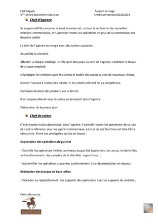 FSJESAgadir Rapportde stage
2ème
année Economie etGestion Année universitaire2013/2014
FatimaBousseta
18
Chef d’agence
Sa responsabilité concerne le volet commercial, surtout la recherche des nouvelles
relations commerciales, et superviser toutes les opérations en plus de la constitution des
dossiers crédits
Le chef de l'agence se charge aussi des taches suivantes :
Accueil de la clientèle
Affecter, à chaque employé, le rôle qu'il doit jouer au sein de l'agence. Contrôler le travail
de chaque employé.
Développer les relations avec les clients et établir des contacts avec de nouveaux clients.
Donner l'accord á l'octroi des crédits, si les crédits relèvent de sa compétence.
Commercialisation des produits sur le terrain
Il est responsable de tous les actes se déroulant dans l'agence.
Elaboration du business plan
Chef de caisse
C'est le poste le plus dynamique dans l'agence. Il contrôle toutes les opérations de caisse
et il est la référence pour les agents commerciaux. La liste de ces fonctions est loin d'être
exhaustive. Parmi ses principales taches on trouve :
Supervision des opérations de guichet
- Contrôle les opérations initiées au niveau du guichet (opérations de caisse, incidents liés
au fonctionnement des comptes de la clientèle : oppositions...)
- Authentifier les opérations courantes conformément à la réglementation en vigueur.
Réalisation des travaux de back-office
- Procéder au rapprochement des supports des opérations avec les supports de contrôle ;
 