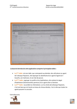 FSJESAgadir Rapportde stage
2ème
année Economie etGestion Année universitaire2013/2014
FatimaBousseta
27
La base de données de cette application comporte 3 principales tables :
 La 1ère table : est une table que correspond aux données des utilisateurs ou agent
de la Banque Populaire, elle regroupe les identifiants d’un agent (l’agent où il
travaille, son matricule, et son mot de passe).
 La 2ème table : regroupe les profils et les habilitations, elle contient le degré
d’habilitation (fonctionnalités permises) d’un agent selon sa fonction.
 La 3ème table : rassemble les informations sur les clients de la Banque Populaire,
c’est une base qui est locale au niveau du réseau étendu, c’est-à-dire que toutes les
agents peuvent le consulter.
 