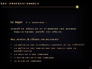 Les professionnels Le buyer   / l’acheteur :  chargé de négocier et  d’acheter les espaces publicitaires  auprès des régies.  Ses atouts & tâches principales : la maîtrise des différents supports et du  landscape la maîtrise des variations des tarifs pour la budgétisation la gestion d’une campagne l’optimisation d’une campagne le bilan de campagne 