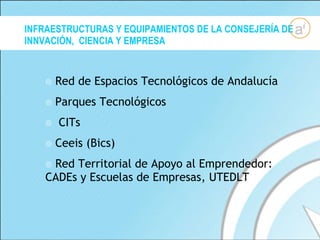 INFRAESTRUCTURAS Y EQUIPAMIENTOS DE LA CONSEJERÍA DE INNVACIÓN,  CIENCIA Y EMPRESA Red de Espacios Tecnológicos de Andalucía Parques Tecnológicos CITs Ceeis (Bics) Red Territorial de Apoyo al Emprendedor: CADEs y Escuelas de Empresas, UTEDLT 