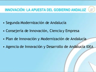 INNOVACIÓN: LA APUESTA DEL GOBIERNO ANDALUZ Segunda Modernización de Andalucía Consejería de Innovación, Ciencia y Empresa Plan de Innovación y Modernización de Andalucía Agencia de Innovación y Desarrollo de Andalucía  IDEA 