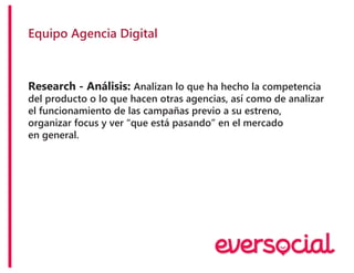 Equipo Agencia Digital
Research - Análisis: Analizan lo que ha hecho la competencia
del producto o lo que hacen otras agencias, así como de analizar
el funcionamiento de las campañas previo a su estreno,
organizar focus y ver “que está pasando” en el mercado
en general.
 