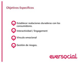 Objetivos Específicos
Establecer realaciones duraderas con los
consumidores.
Interactividad / Engagement
Vínculo emocional
Gestión de riesgos.
 