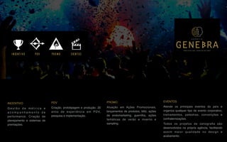 INCENTIVO
G e s t ã o d e m é t r i c a e
a c o m p a n h a m e n t o d e
performance. Criação de
planejamento e sistemas de
premiações.
PDV
Criação, prototipagem e produção. 20
anos de experiência em PDV,
pesquisa e implementação.
PROMO
Atuação em Ações Promocionais,
lançamentos de produtos, blitz, ações
de endomarketing, guerrilha, ações
temáticas de verão e inverno e
sampling.
EVENTOS
Atende os principais eventos do país e
organiza qualquer tipo de evento corporativo,
treinamentos, palestras, convenções e
confraternizações.
Todos os projetos de cenograﬁa são
desenvolvidos na própria agência, facilitando
assim maior qualidade no design e
acabamento.
INCENTIVO EVENTOSPROMOPDV
P A R C E R I A Q U E G E R A R E S U L T A D O
A G Ê N C I A
 