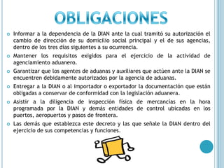 OBLIGACIONESInformar a la dependencia de la DIAN ante la cual tramitó su autorización el cambio de dirección de su domicilio social principal y el de sus agencias, dentro de los tres días siguientes a su ocurrencia.Mantener los requisitos exigidos para el ejercicio de la actividad de agenciamiento aduanero.Garantizar que los agentes de aduanas y auxiliares que actúen ante la DIAN se encuentren debidamente autorizados por la agencia de aduanas.Entregar a la DIAN o al importador o exportador la documentación que están obligadas a conservar de conformidad con la legislación aduanera.Asistir a la diligencia de inspección física de mercancías en la hora programada por la DIAN y demás entidades de control ubicadas en los puertos, aeropuertos y pasos de frontera.Las demás que establezca este decreto y las que señale la DIAN dentro del ejercicio de sus competencias y funciones. 