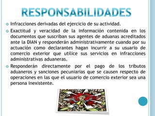 RESPONSABILIDADESInfracciones derivadas del ejercicio de su actividad.Exactitud y veracidad de la información contenida en los documentos que suscriban sus agentes de aduanas acreditados ante la DIAN y responderán administrativamente cuando por su actuación como declarantes hagan incurrir a su usuario de comercio exterior que utilice sus servicios en infracciones administrativas aduaneras.Responderán directamente por el pago de los tributos aduaneros y sanciones pecuniarias que se causen respecto de operaciones en las que el usuario de comercio exterior sea una persona inexistente.