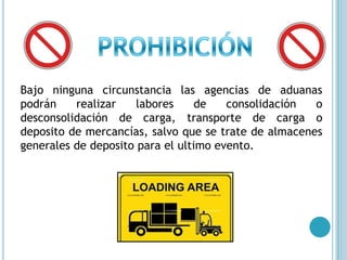 PROHIBICIÓNBajo ninguna circunstancia las agencias de aduanas podrán realizar labores de consolidación o desconsolidación de carga, transporte de carga o deposito de mercancías, salvo que se trate de almacenes generales de deposito para el ultimo evento.