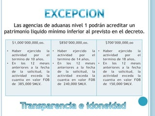 EXCEPCIONLas agencias de aduanas nivel 1 podrán acreditar un patrimonio liquido mínimo inferior al previsto en el decreto.Transparencia e idoneidad