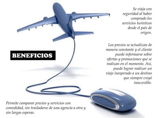 Permite comparar precios y servicios con
comodidad, sin trasladarse de una agencia a otra y
sin largas esperas.
Los precios se actualizan de
manera constante y el cliente
puede informarse sobre
ofertas y promociones que se
realizan en el momento. Así,
puede lograr realizar un
viaje inesperado a un destino
que siempre creyó
inaccesible.
Se viaja con
seguridad al haber
comprado los
servicios turísticos
desde el país de
origen.
BENEFICIOS
 