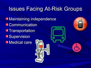 Issues Facing At-Risk Groups
Maintaining independence
Communication
Transportation
Supervision
Medical care
 