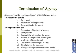 Termination of Agency
An agency may be terminated in any of the following ways:
1)By act of the parties
i. Agreement
ii. Revocation by the principal
iii. Renunciation by the agent
2)By operation of law
i. Completion of business of agency
ii. Expiry of time
iii. Death of the principal or the agent
iv. Insanity of the principal or the agent
v. Insolvency of the principal
vi. Destruction of the subject matter
vii. Dissolution of the company
viii. Principal and agent becomes alien enemy
Avinash Murkute | Galaxy4u | Pune | M: 9822698070 | E: avnash@galaxy4u.in
 