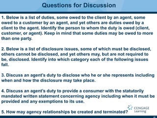 41
Questions for Discussion
1. Below is a list of duties, some owed to the client by an agent, some
owed to a customer by an agent, and yet others are duties owed by a
client to the agent. Identify the person to whom the duty is owed (client,
customer, or agent). Keep in mind that some duties may be owed to more
than one party.
2. Below is a list of disclosure issues, some of which must be disclosed,
others cannot be disclosed, and yet others may, but are not required to
be, disclosed. Identify into which category each of the following issues
fall.
3. Discuss an agent’s duty to disclose who he or she represents including
when and how the disclosure may take place.
4. Discuss an agent’s duty to provide a consumer with the statutorily
mandated written statement concerning agency including when it must be
provided and any exemptions to its use.
5. How may agency relationships be created and terminated?
 