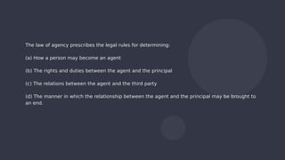 The law of agency prescribes the legal rules for determining:
(a) How a person may become an agent
(b) The rights and duties between the agent and the principal
(c) The relations between the agent and the third party
(d) The manner in which the relationship between the agent and the principal may be brought to
an end.
 