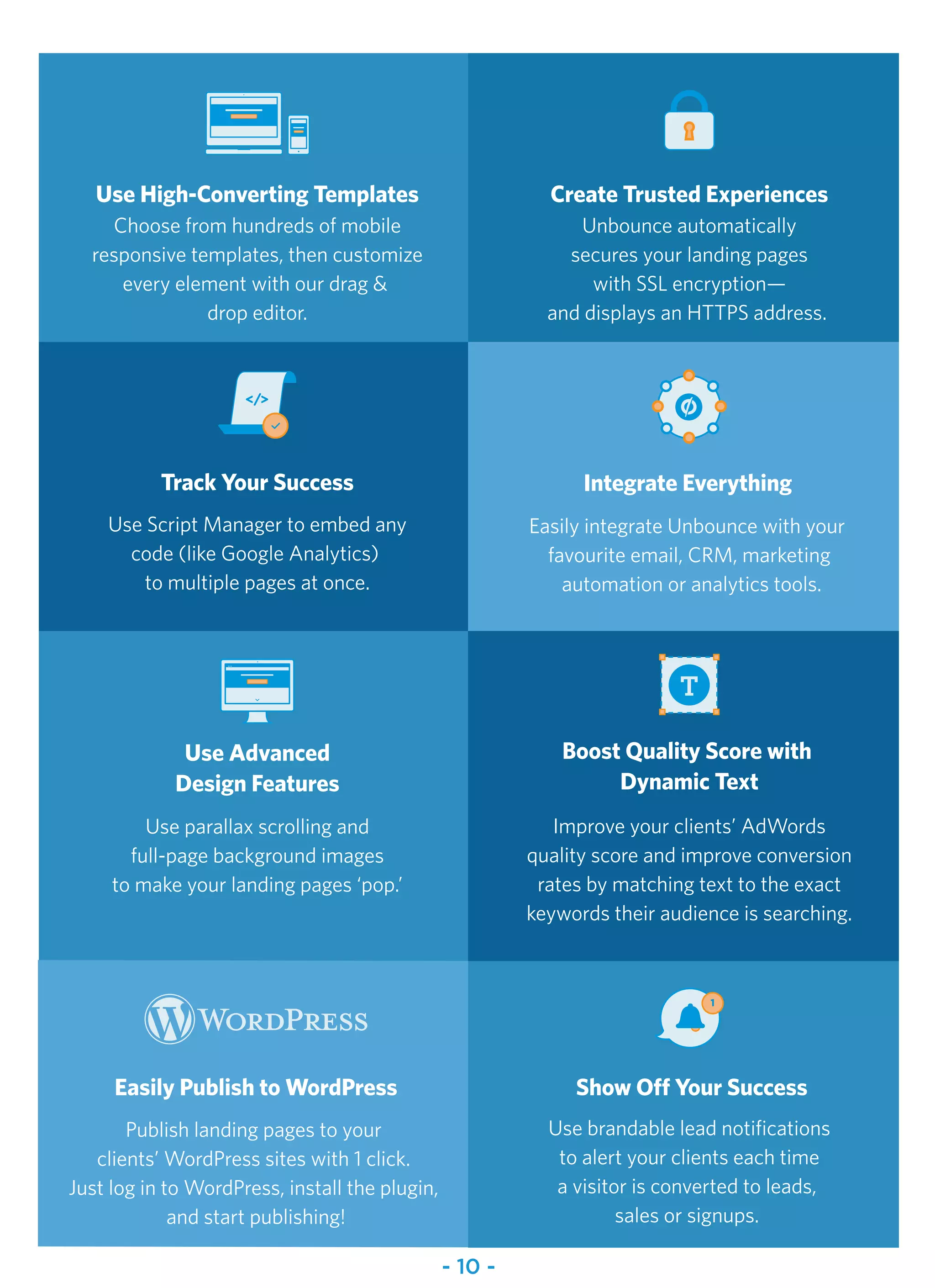 10
Choose from hundreds of mobile
responsive templates, then customize
every element with our drag &
drop editor.
Use High-Converting Templates
Use Script Manager to embed any
code (like Google Analytics)
to multiple pages at once.
Track Your Success
Easily integrate Unbounce with your
favourite email, CRM, marketing
automation or analytics tools.
Integrate Everything
Publish landing pages to your
clients’ WordPress sites with 1 click.
Just log in to WordPress, install the plugin,
and start publishing!
Easily Publish to WordPress
Unbounce automatically
secures your landing pages
with SSL encryption—
and displays an HTTPS address.
Create Trusted Experiences
Use parallax scrolling and
full-page background images
to make your landing pages ‘pop.’
Use Advanced
Design Features
Improve your clients’ AdWords
quality score and improve conversion
rates by matching text to the exact
keywords their audience is searching.
Boost Quality Score with
Dynamic Text
Use brandable lead notifications
to alert your clients each time
a visitor is converted to leads,
sales or signups.
Show Off Your Success
T
1
- 10 -
 
