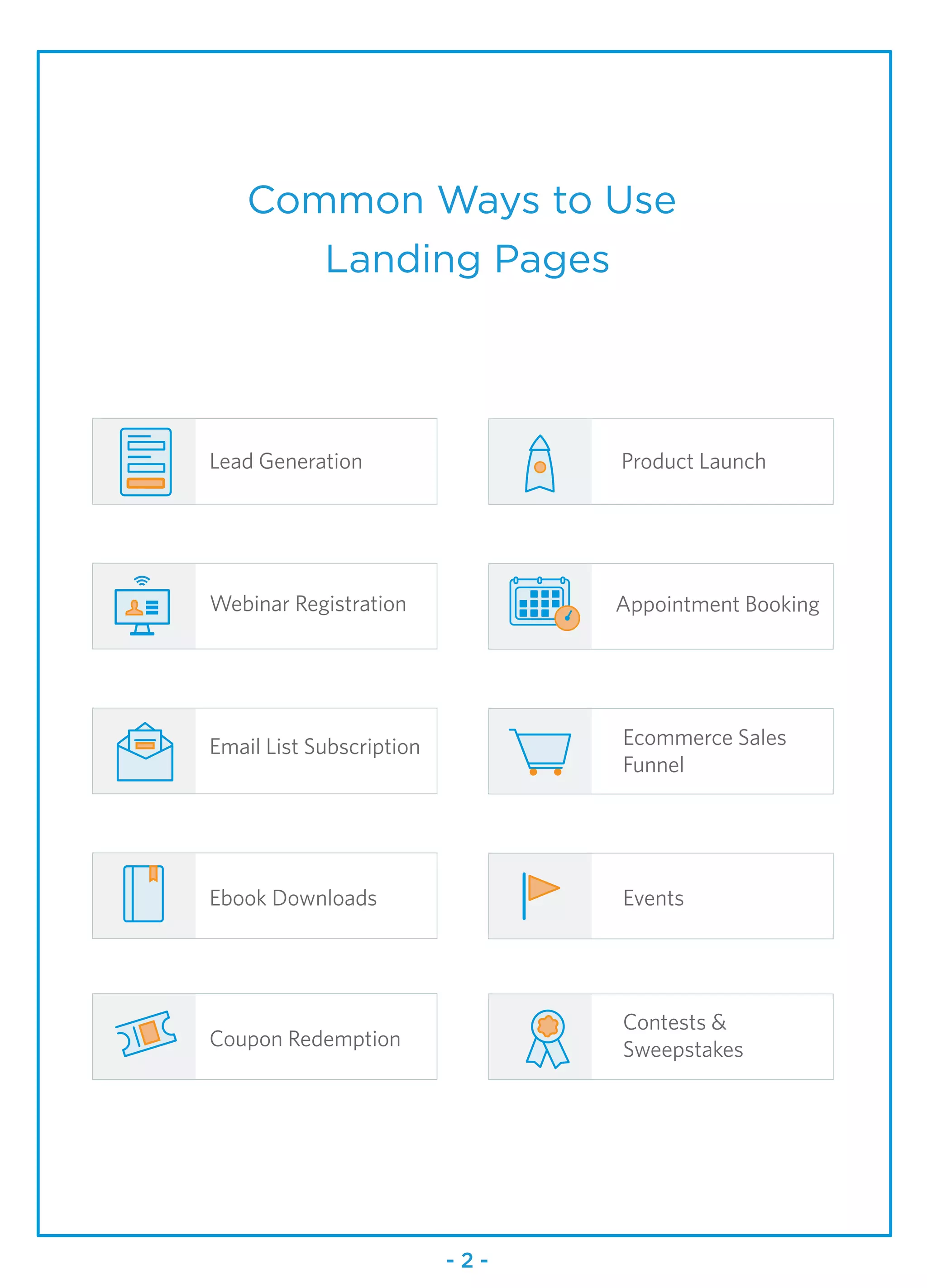 Common Ways to Use
Landing Pages
Lead Generation
Webinar Registration
Email List Subscription
Ebook Downloads Events
Contests &
SweepstakesCoupon Redemption
Appointment Booking
Ecommerce Sales
Funnel
Product Launch
- 2 -
 