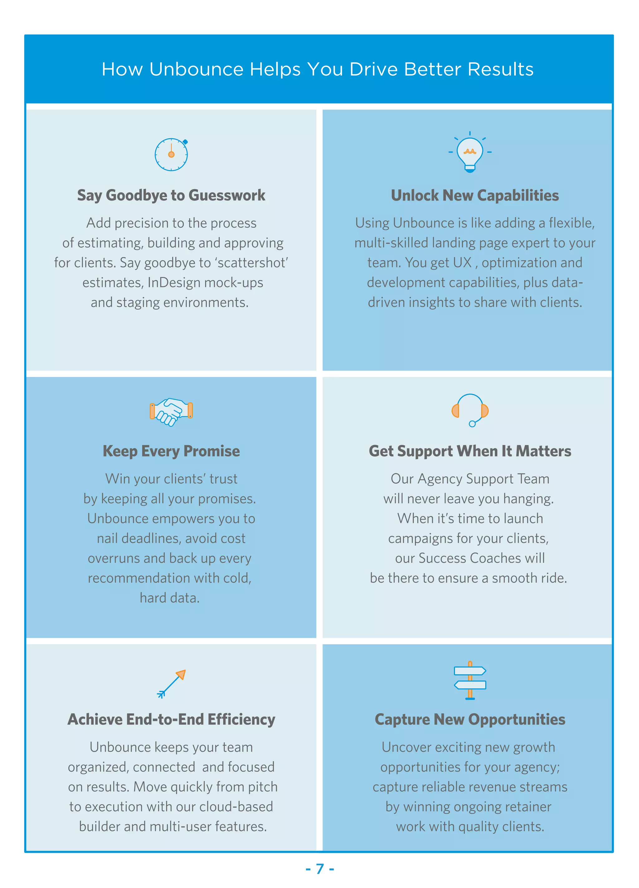 7
Unlock New Capabilities
Using Unbounce is like adding a flexible,
multi-skilled landing page expert to your
team. You get UX , optimization and
development capabilities, plus data-
driven insights to share with clients.
Win your clients’ trust
by keeping all your promises.
Unbounce empowers you to
nail deadlines, avoid cost
overruns and back up every
recommendation with cold,
hard data.
Keep Every Promise
Add precision to the process
of estimating, building and approving
for clients. Say goodbye to ‘scattershot’
estimates, InDesign mock-ups
and staging environments.
Say Goodbye to Guesswork
Our Agency Support Team
will never leave you hanging.
When it’s time to launch
campaigns for your clients,
our Success Coaches will
be there to ensure a smooth ride.
Get Support When It Matters
Unbounce keeps your team
organized, connected and focused
on results. Move quickly from pitch
to execution with our cloud-based
builder and multi-user features.
Achieve End-to-End Efficiency
Uncover exciting new growth
opportunities for your agency;
capture reliable revenue streams
by winning ongoing retainer
work with quality clients.
Capture New Opportunities
How Unbounce Helps You Drive Better Results
- 7 -
 