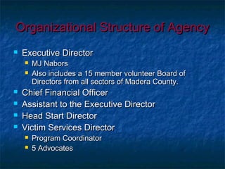 Organizational Structure of AgencyOrganizational Structure of Agency
 Executive DirectorExecutive Director
 MJ NaborsMJ Nabors
 Also includes a 15 member volunteer Board ofAlso includes a 15 member volunteer Board of
Directors from all sectors of Madera County.Directors from all sectors of Madera County.
 Chief Financial OfficerChief Financial Officer
 Assistant to the Executive DirectorAssistant to the Executive Director
 Head Start DirectorHead Start Director
 Victim Services DirectorVictim Services Director
 Program CoordinatorProgram Coordinator
 5 Advocates5 Advocates
 