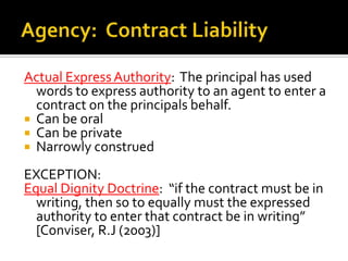 Agency:  Contract LiabilityActual Express Authority:  The principal has used words to express authority to an agent to enter a contract on the principals behalf.Can be oralCan be privateNarrowly construedEXCEPTION:  Equal Dignity Doctrine:  “if the contract must be in writing, then so to equally must the expressed authority to enter that contract be in writing” [Conviser, R.J (2003)]