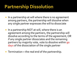 Registered Limited Liability Company [RLLC] Formation – must register with the state by filing a statement of qualificationMust file annual reportsLiabilities:  No partner is liable for debts and obligations of the partnershipExample:  A, B, C and D are partners in an RLLC.  A wracks up a $10 million dollar trial through the law firm,  A has to cover all of the expenses, debts and obligations of that case, not B,C and D.  Each person is responsible for their own partnership debts and obligations. The partnership is not going to be sued for the debt, Person A will be individually sued as an agent of the company. Each person pays into their own interest within the company.