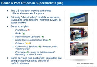 Banks & Post Offices in Supermarkets (US)

    The US has been working with these
     collaborative models for years.
    Primarily “shop-in-shop” models for services,
     leveraging large retailers (Walmart, K Mart) or
     super markets.
    Some examples:
      • Post Office ()
      • Banks ()
      • Mobile Network Operators ()
      • Health Care / Medical Check-Ups ()
      • Opticians ()
      • Coffee / Food Services () – however, often
           “retailer-owned”
        • Pharmacy () – could be “retailer-owned”,
           depending on the U.S. state
    Some services (like post office) in retailers are
     being phased out based on lack of
     traffic/customers.                                    Source: Rabo Development research

                                                         Distribution Conference 11/2012 – Dan Armstrong – page 14
 