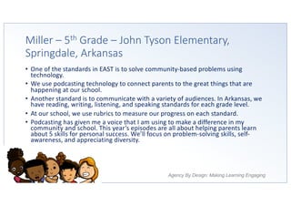 Agency By Design: Making Learning Engaging
Miller – 5th Grade – John Tyson Elementary,
Springdale, Arkansas
• One of the standards in EAST is to solve community-based problems using
technology.
• We use podcasting technology to connect parents to the great things that are
happening at our school.
• Another standard is to communicate with a variety of audiences. In Arkansas, we
have reading, writing, listening, and speaking standards for each grade level.
• At our school, we use rubrics to measure our progress on each standard.
• Podcasting has given me a voice that I am using to make a difference in my
community and school. This year’s episodes are all about helping parents learn
about 5 skills for personal success. We’ll focus on problem-solving skills, self-
awareness, and appreciating diversity.
 
