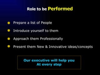 Role to be  Performed Prepare a list of People Introduce yourself to them Approach them Professionally Present them New & ...