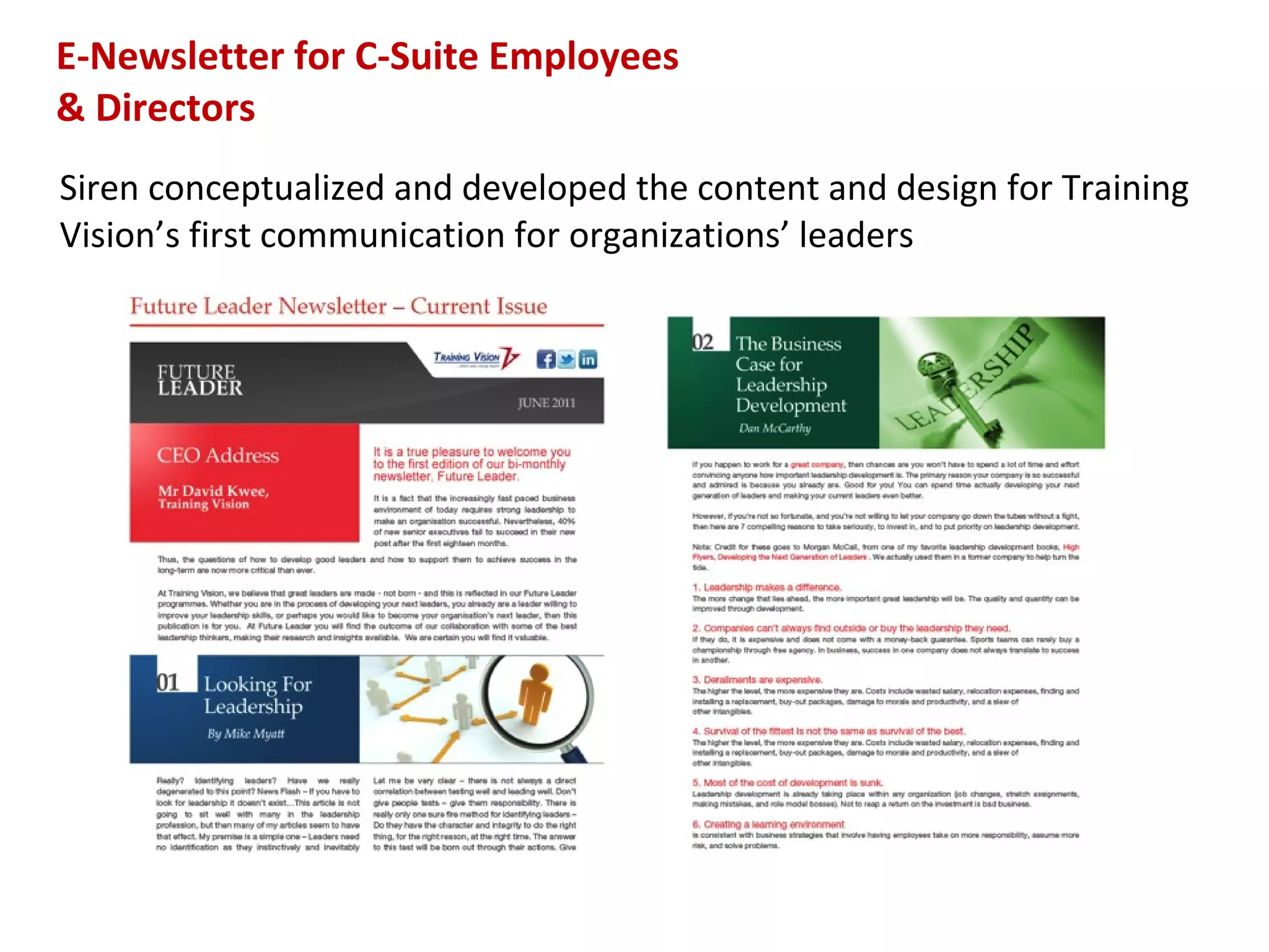 Siren conceptualized and developed the content and design for Training Vision’s first communication for organizations’ leaders E-Newsletter for C-Suite Employees  & Directors 