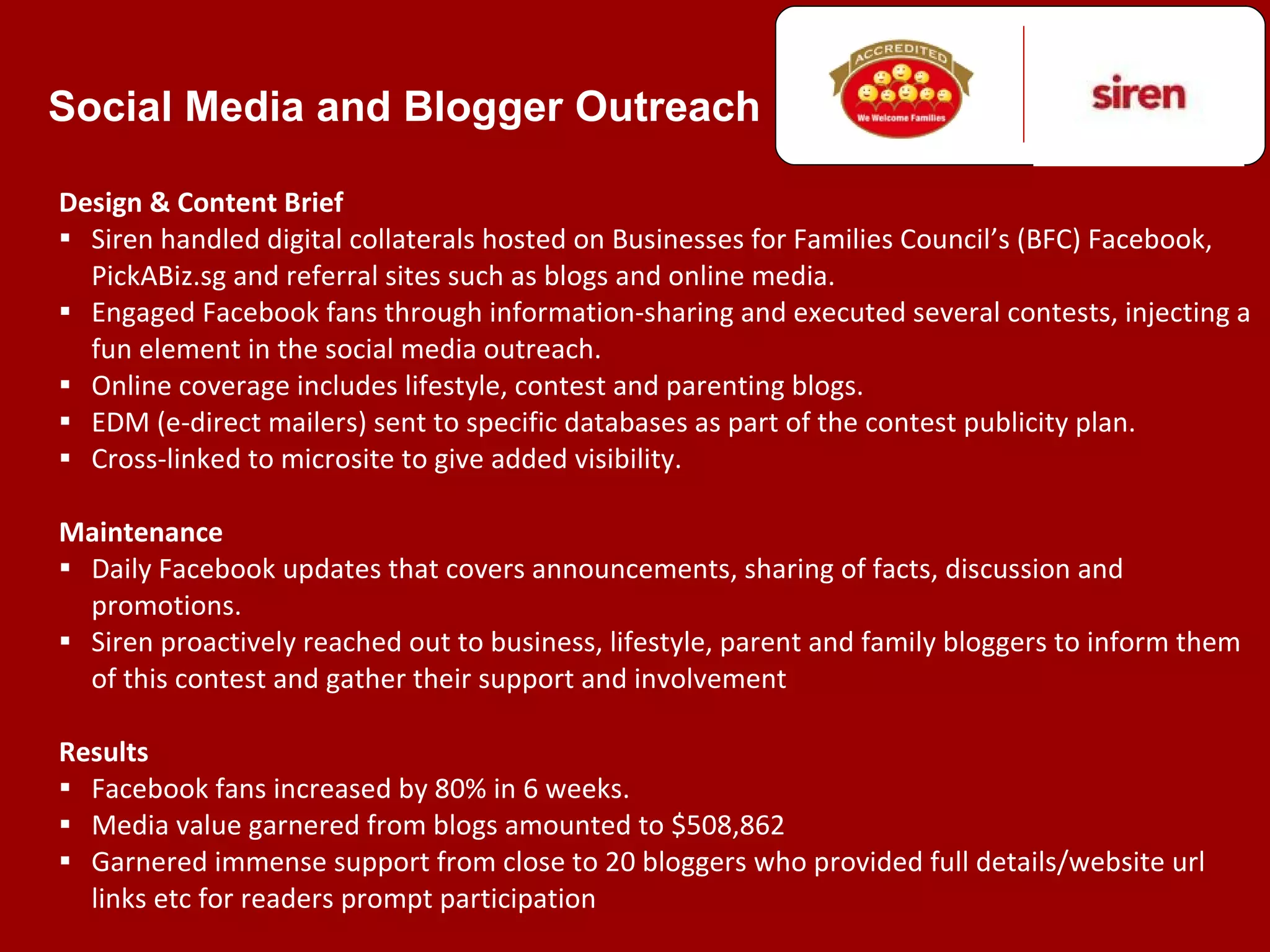 Social Media and Blogger Outreach Design & Content Brief Siren handled digital collaterals hosted on Businesses for Families Council ’s (BFC) Facebook, PickABiz.sg and referral sites such as blogs and online media.  Engaged Facebook fans through information-sharing and executed several contests, injecting a fun element in the social media outreach.  Online coverage includes lifestyle, contest and parenting blogs.  EDM (e-direct mailers) sent to specific databases as part of the contest publicity plan. Cross-linked to microsite to give added visibility. Maintenance Daily Facebook updates that covers announcements, sharing of facts, discussion and promotions. Siren proactively reached out to business, lifestyle, parent and family bloggers to inform them of this contest and gather their support and involvement  Results Facebook fans increased by 80% in 6 weeks. Media value garnered from blogs amounted to $508,862 Garnered immense support from close to 20 bloggers who provided full details/website url links etc for readers prompt participation 