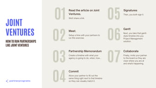 Read the article on Joint
Ventures.
We'll share a link.
JOINT
VENTURES
HOW TO RUN PARTNERSHIPS
LIKE JOINT VENTURES
01
Meet.
Setup a time with your partners to
run this exercise.
02
Partnership Memorandum
Create a timeline with what your
agency is going to do, when, how...
03
Commit
Allow your partner to fill out the
same thing right next to that timeline
so they can visually match it.
04
Signatures
Then, you both sign it.
05
Gantt
Next, you take that gantt-
style timeline into you
Project Management
solution.
06
Collaborate
Finally, invite your partner
to the board so they are
clear where you are at
and what's happening.
07
 