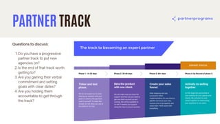 PARTNER TRACK
Do you have a progressive
partner track to put new
agencies on?
Is the end of that track worth
getting to?
Are you gaining their verbal
commitment and setting
goals with clear dates?
Are you holding them
accountable to get through
the track?
Questions to discuss:
1.
2.
3.
4.
 