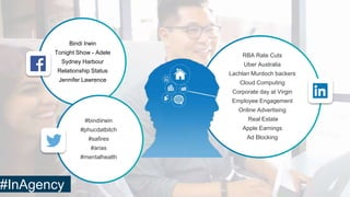 Bindi Irwin
Tonight Show - Adele
Sydney Harbour
Relationship Status
Jennifer Lawrence
RBA Rate Cuts
Uber Australia
Lachlan Murdoch backers
Cloud Computing
Corporate day at Virgin
Employee Engagement
Online Advertising
Real Estate
Apple Earnings
Ad Blocking
#bindiirwin
#phucdatbitch
#safires
#arias
#mentalhealth
#InAgency
 