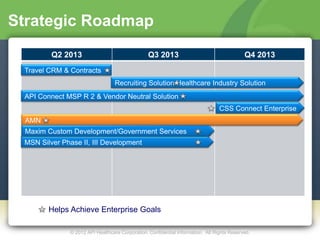 Strategic Roadmap
         Q2 2013                                  Q3 2013                                    Q4 2013
 Travel CRM & Contracts
                                   Recruiting Solution Healthcare Industry Solution
 API Connect MSP R 2 & Vendor Neutral Solution
                                                                                  CSS Connect Enterprise
 AMN
 Maxim Custom Development/Government Services
 MSN Silver Phase II, III Development




        Helps Achieve Enterprise Goals

               © 2012 API Healthcare Corporation. Confidential Information. All Rights Reserved.
 