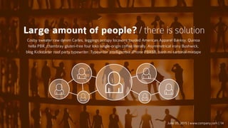 Large amount of people? / there is solution
Cosby sweater raw denim Carles, leggings occupy locavore tousled American Apparel Banksy. Quinoa
hella PBR, chambray gluten-free four loko single-origin coffee literally. Asymmetrical irony Bushwick,
blog Kickstarter roof party typewriter. Typewriter Intelligentsia iPhone PBR&B, banh mi sartorial mixtape
June 05, 2015 | www.company.com | 14
 