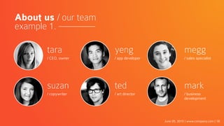 June 05, 2015 | www.company.com | 18
About us / our team
example 1.
tara
/ CEO, owner
yeng
/ app developer
megg
/ sales specialist
suzan
/ copywriter
ted
/ art director
mark
/ business
development
 