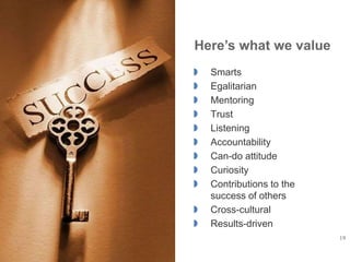 19
*** open to a different visual***
 Smarts
 Egalitarian
 Mentoring
 Trust
 Listening
 Accountability
 Can-do attitude
 Curiosity
 Contributions to the
success of others
 Cross-cultural
 Results-driven
Here’s what we value
 