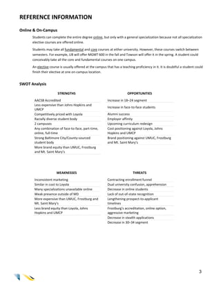 REFERENCE INFORMATION
Online & On-Campus
      Students can complete the entire degree online, but only with a general specialization because not all specialization
      elective courses are offered online.

      Students may take all fundamental and core courses at either university. However, these courses switch between
      semesters. For example, UB will offer MGMT 600 in the fall and Towson will offer it in the spring. A student could
      conceivably take all the core and fundamental courses on one campus.

      An elective course is usually offered at the campus that has a teaching proficiency in it. It is doubtful a student could
      finish their elective at one on-campus location.


SWOT Analysis

                       STRENGTHS                                         OPPORTUNITIES
       AACSB Accredited                                    Increase in 18–24 segment
       Less expensive than Johns Hopkins and
                                                           Increase in face-to-face students
       UMCP
       Competitively priced with Loyola                    Alumni success
       Racially diverse student body                       Employer affinity
       2 campuses                                          Upcoming curriculum redesign
       Any combination of face-to-face, part-time,         Cost positioning against Loyola, Johns
       online, full-time                                   Hopkins and UMCP
       Strong Baltimore City/County-sourced                Brand positioning against UMUC, Frostburg
       student body                                        and Mt. Saint Mary’s
       More brand equity than UMUC, Frostburg
       and Mt. Saint Mary’s




                       WEAKNESSES                                            THREATS
       Inconsistent marketing                              Contracting enrollment funnel
       Similar in cost to Loyola                           Dual university confusion, apprehension
       Many specializations unavailable online             Decrease in online students
       Weak presence outside of MD                         Lack of out-of-state recognition
       More expensive than UMUC, Frostburg and             Lengthening prospect-to-applicant
       Mt. Saint Mary's                                    timelines
       Less brand equity than Loyola, Johns                Frostburg's accreditation, online option,
       Hopkins and UMCP                                    aggressive marketing
                                                           Decrease in stealth applications
                                                           Decrease in 30–34 segment




                                                                                                                            3
 