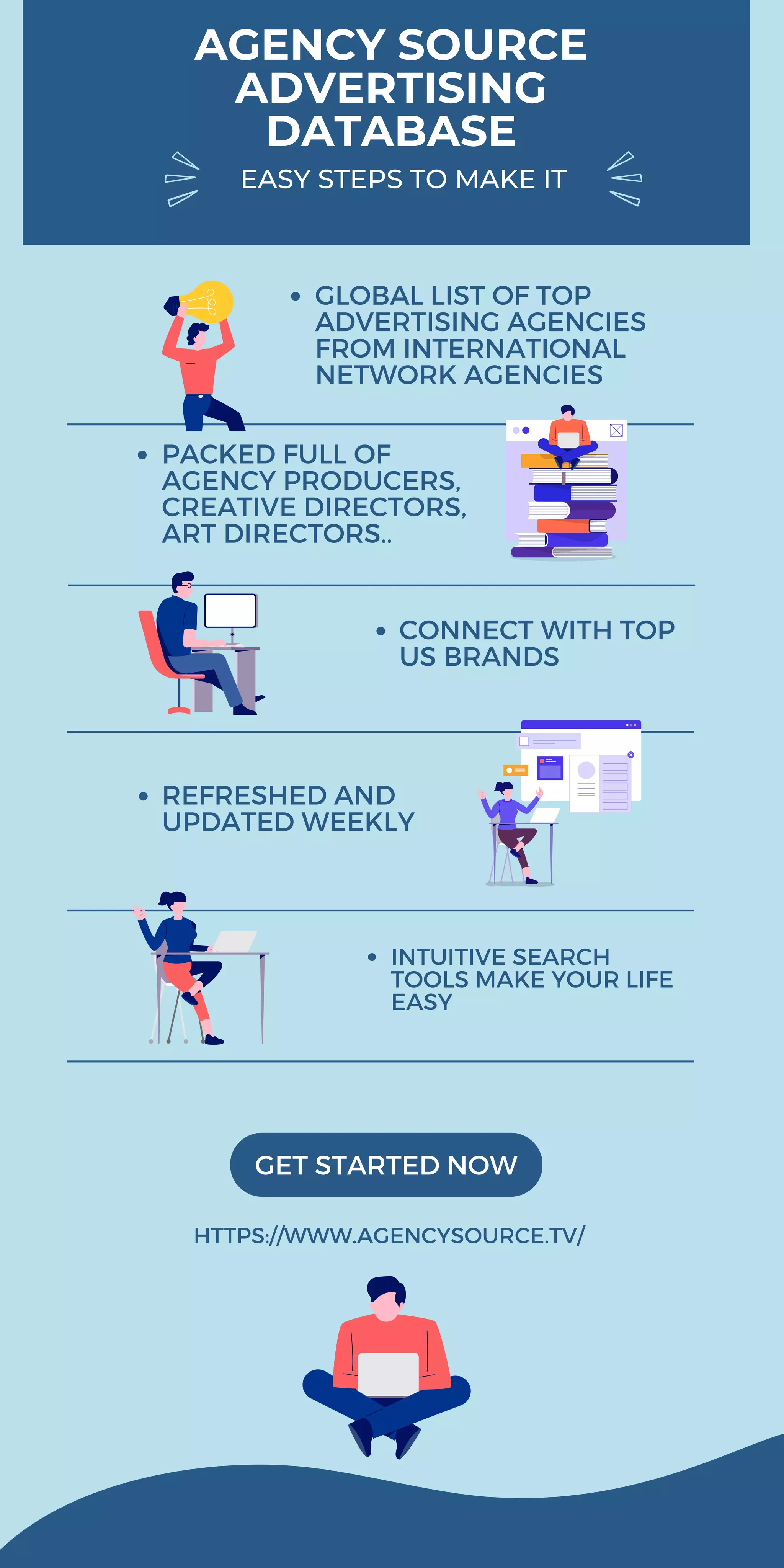 EASY STEPS TO MAKE IT
AGENCY SOURCE
ADVERTISING
DATABASE
INTUITIVE SEARCH
TOOLS MAKE YOUR LIFE
EASY
REFRESHED AND
UPDATED WEEKLY
CONNECT WITH TOP
US BRANDS
PACKED FULL OF
AGENCY PRODUCERS,
CREATIVE DIRECTORS,
ART DIRECTORS..
GLOBAL LIST OF TOP
ADVERTISING AGENCIES
FROM INTERNATIONAL
NETWORK AGENCIES
GET STARTED NOW
HTTPS://WWW.AGENCYSOURCE.TV/