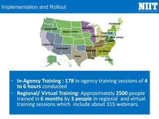 Implementation and Rollout
• In-Agency Training : 178 in-agency training sessions of 4
to 6 hours conducted
• Regional/ Virtual Training: Approximately 2500 people
trained in 6 months by 3 people in regional and virtual
training sessions which include about 315 webinars.
 