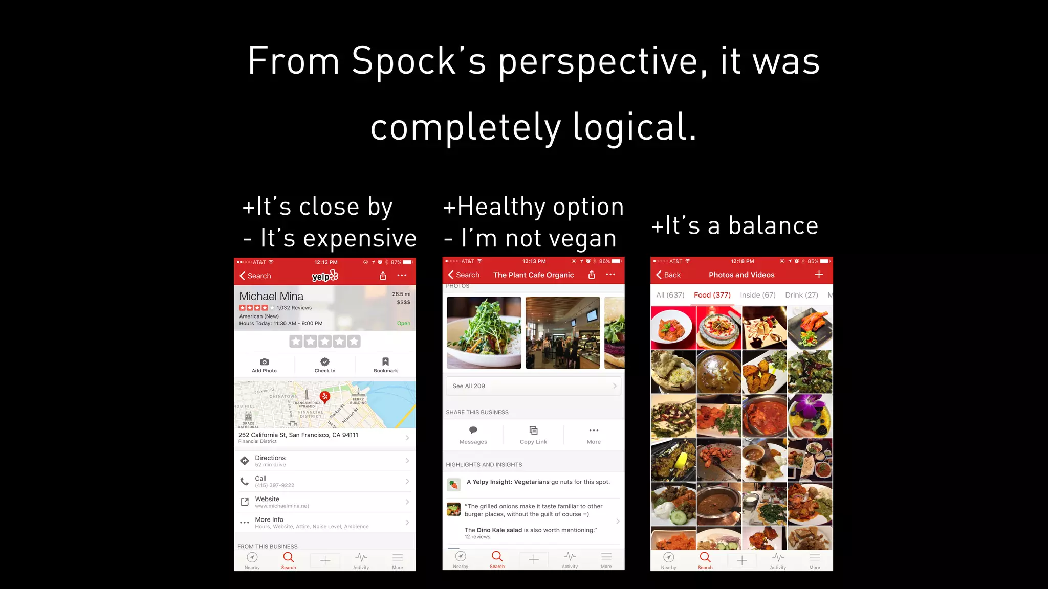 From Spock’s perspective, it was
completely logical.
+It’s close by
- It’s expensive
+Healthy option
- I’m not vegan +It’s a balance
 