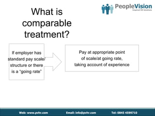What is
       comparable
       treatment?
  If employer has       Pay at appropriate point
standard pay scale/       of scale/at going rate,
 structure or there   taking account of experience
  is a “going rate”
 