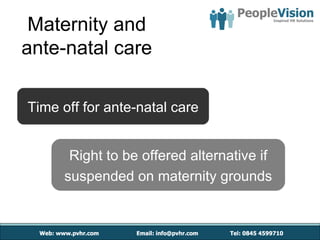 Maternity and
ante-natal care

Time off for ante-natal care


       Right to be offered alternative if
      suspended on maternity grounds
 