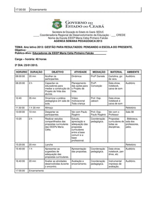 17:00:00    Encerramento




                              Secretaria de Educação do Estado do Ceará- SEDUC
                ____ Coordenadoria Regional de Desenvolvimento da Educação - ___ CREDE
                           Nome da Escola EEEP Maria Célia Pinheiro Falcão
                               AGENDA SEMANA PEDAGÓGICA 2013

TEMA: Ano letivo 2013: GESTÃO PARA RESULTADOS: PENSANDO A ESCOLA DO PRESENTE.
Objetivo: _______________________________________________________
Público-Alvo: Educadores da EEEP Maria Célia Pinheiro Falcão

Carga – horária: 40 horas

2º DIA: 23/01/2013.

HORÁRIO     DURAÇÃO             OBJETIVO              ATIVIDADE       MEDIAÇÃO        MATERIAL          AMBIENTE
08:00:00   20 min         Acolher os                Dinâmica         Profª Daniele   Cartolina, giz    Auditório
                          participantes.                                             de cera.
08:20:00   2h             Capacitar os              Planejamento     Profª.          Data show,        Auditório
                          educadores para           das ações para   Conceição       notebook,
                          mediar a construção do    o Projeto de                     caixa de som
                          Projeto de Vida dos       Vida.
                          alunos.
10:40      35 min         Dinamizar a prática   Vídeo                Prof. Esp.      Data show,
                          pedagógica em sala de motivacional         Jakson          notebook e
                          aula.                 Toda criança                         caixa de som
11:30:00   1 h 30 min     Almoço                                                                       Refeitório
13:00:00   10 min         Despertar os              Ver com Paulo    Prof. Esp.      Ver com o         Sala 08
                          participantes.            Rogério          Paulo Rogério   Professor
13:20      2h             Realizar estudos          Estudo,          Coordenação     Propostas         . Biblioteca,
                          compartilhados das        apreciação e     pedagógica.     curriculares de   sala dos
                          propostas curriculares    adequação das                    todas as          professores,
                          das EEEPs Maria           propostas                        disciplinas.      pátio.
                          Célia.                    curriculares
                                                    entre a base
                                                    comum e a
                                                    base
                                                    profissional.
15:20:00   20 min         Lanche                                                                       Refeitório
15:40:00   1h             Apresentar as             Apresentação     Coordenação     Data show,    Auditório
                          sugestões de              das propostas.   pedagógica.     notebook, pen
                          adequação das                                              drive, etc
                          propostas curriculares.
16:40:00   20 min         Avaliar as atividades     Avaliação e      Coordenação     Instrumental      Auditório.
                          desenvolvidas durante     encerramento.    pedagógica.     impresso de
                          o encontro.                                                avaliação.
17:00:00   Encerramento
 