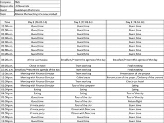 Company P&G
Responsible Lili Navarrete
Guest Guadalupe Altamirano
Topic Alliance the lauching of a new product
Time Day 1 (26-03-14) Day 2 (27-03-14) Day 3 (28-04-14)
12:00 a.m. Guest time Guest time Guest time
01:00 a.m. Guest time Guest time Guest time
02:00 a.m. Guest time Guest time Guest time
03:00 a.m. Guest time Guest time Guest time
04:00 a.m. Guest time Guest time Guest time
05:00 a.m. Guest time Guest time Guest time
06:00 a.m. Guest time Guest time Guest time
07:00 a.m. Guest time Guest time Guest time
08:00 a.m. Arrive Cuernavaca Breakfast/Present the agenda of the day Breakfast/Present the agenda of the day
09:00 a.m. Check-in hotel Team working Final meeting
10: 00 a.m. Breakfast/Present the agenda of the day Team working Final meeting
11:00 a.m. Meeting with Finance Director Team working Presentation of the project
12:00 p.m. Meeting with Finance Director Cofee break Presentation of the project/Delivery of the present
01:00 p.m. Meeting with Finance Director Team working Check-out hotel
02:00 p.m. Meeting with Finance Director Tour of the company Eating
03:00 p.m. Eating Eating Eating
04:00 p.m. Eating Eating Tour of the city
05:00 p.m. Guest time Tour of the city Tour of the city
06:00 p.m. Guest time Tour of the city Return flight
07:00 p.m. Private party Tour of the city Guest time
08:00 p.m. Private party Dinner with Directors Guest time
09:00 p.m. Private party Dinner with Directors Guest time
10:00 p.m. Guest time Guest time Guest time
11:00 p.m. Guest time Guest time Guest time
 