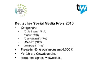Deutscher Social Media Preis 2010 : Kategorien: “ Gute Sache” (11/4) “ Kunst” (13/6) “ Gesellschaft” (17/4) „ Medien“ (10/2) „ Wirtschaft“ (11/5) Preise in Höhe von insgesamt 4.500 € Verfahren: Crowdsourcing socialmediapreis.twittwoch.de 