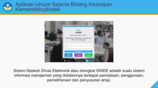 2
Aplikasi Umum Sejenis Bidang Kearsipan
Kemendikbudristek
Sistem Naskah Dinas Elektronik atau disingkat SINDE adalah suatu sistem
informasi manajemen yang didalamnya terdapat penciptaan, penggunaan,
pemeliharaan dan penyusutan arsip.
 