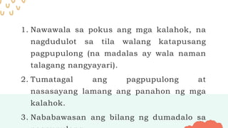 1. Nawawala sa pokus ang mga kalahok, na
nagdudulot sa tila walang katapusang
pagpupulong (na madalas ay wala naman
talagang nangyayari).
2. Tumatagal ang pagpupulong at
nasasayang lamang ang panahon ng mga
kalahok.
3. Nababawasan ang bilang ng dumadalo sa
 
